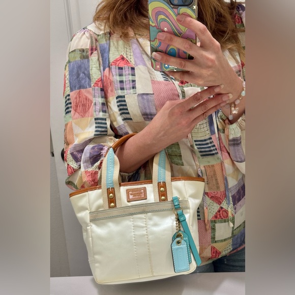 Coach Hampton Satin Mini Tote Vintage Y2K white turquoise - Picture 5 of 16